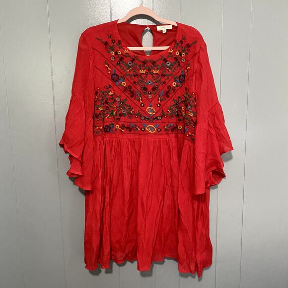 Umgee + Red Floral Embroidered Babydoll Flowy Boho Western Mini Dress 1XL - Picture 2 of 9